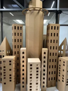 Cityscape designed from corrugated packaging, showcasing GPC's engineering expertise