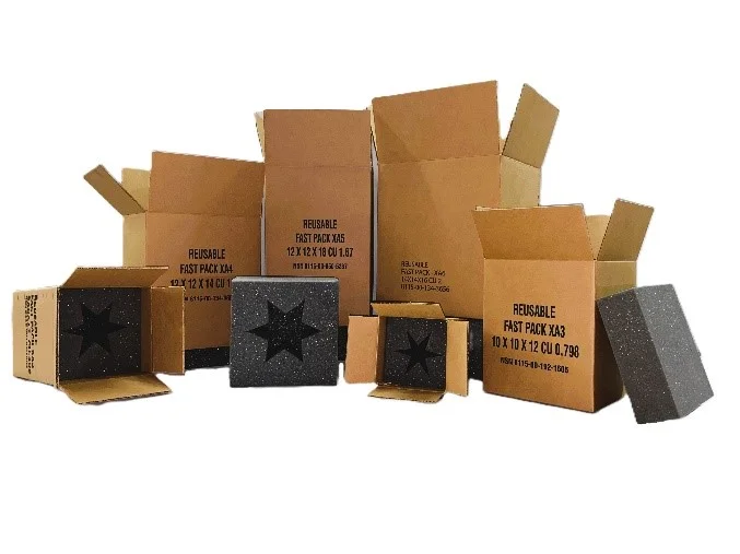 Fast pack shipping containers with custom star-shaped foam inserts, designed for use in military packaging.