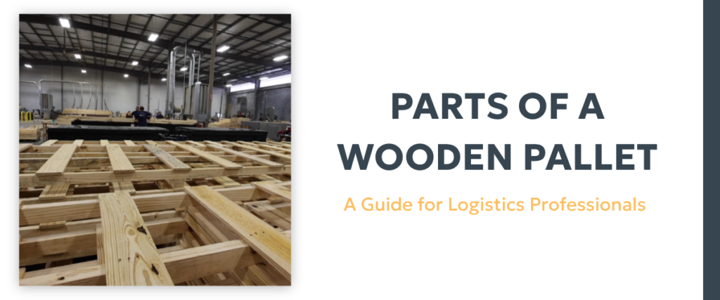 Parts of a wooden pallet, including top and bottom deck boards, stringers and notches, blocks and more